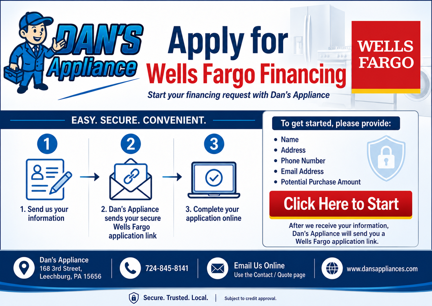 Wells Fargo financing credit application — available at Dan's Appliance in Leechburg PA
